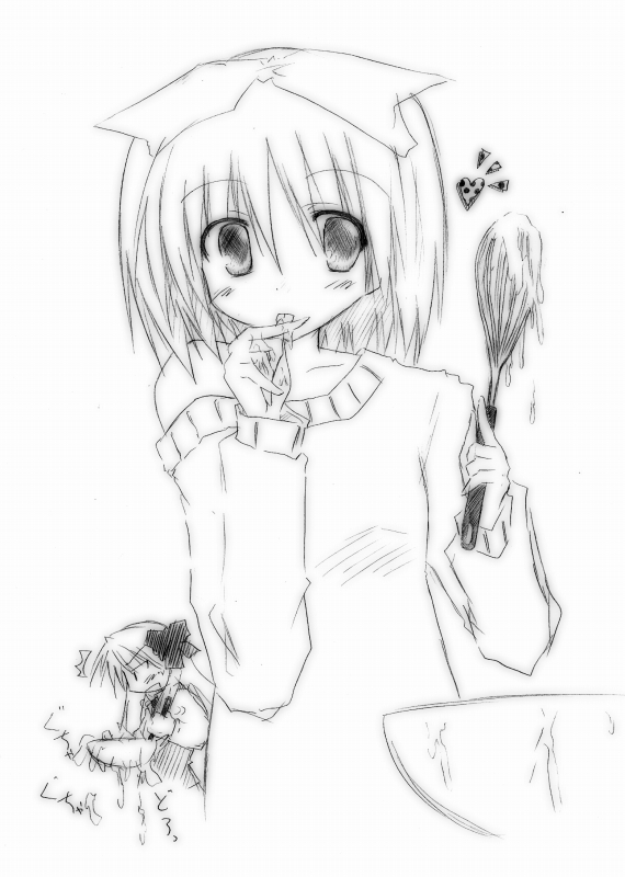 akane souichi, hiiragi kagami, hiiragi tsukasa, lucky star, eyebrows, 00s, 2girls, baking, blush, bowl, cooking, greyscale, holding, long hair, looking at viewer, monochrome, multiple girls, short hair, siblings, simple background, sisters, sketch, sweatdrop, sweater, twins, upper body, whisk, white background