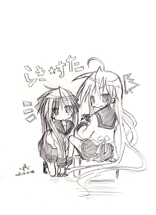 hiiragi kagami, izumi konata, lucky star, 00s, monochrome, school uniform, serafuku, sketch