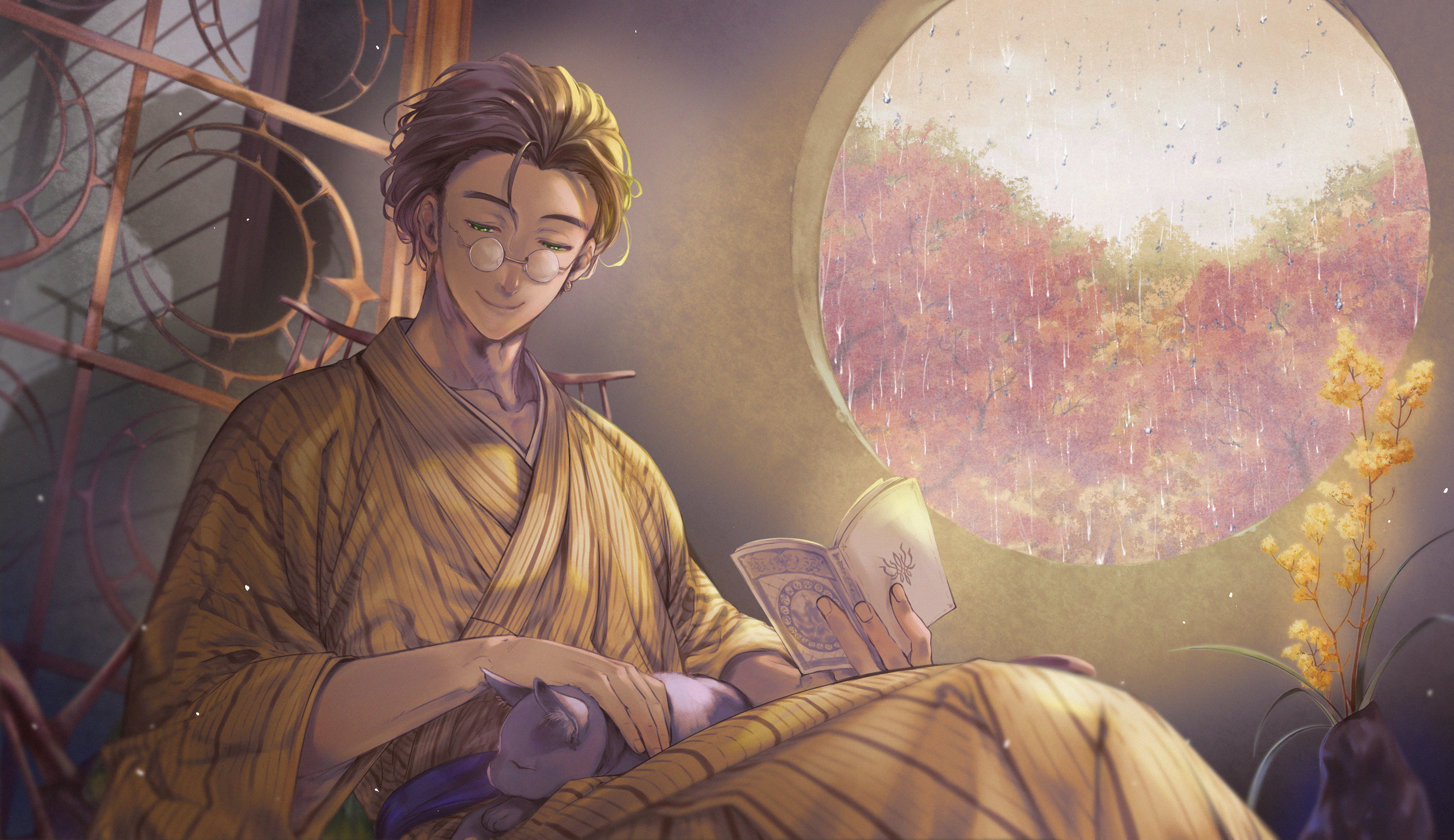 gakko (gacco38), claude von riegan, fire emblem, fire emblem: three houses, nintendo, absurdres, highres, 1boy, alternate costume, book, closed eyes, closed mouth, holding, holding book, indoors, japanese clothes, kimono, open book, solo, window