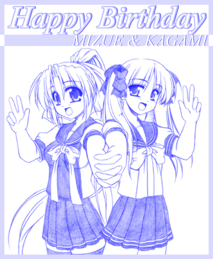 kiryuu makoto, osamada meika, hiiragi kagami, lucky star, 00s, 2girls, monochrome, multiple girls, ponytail, purple theme, sketch, thighhighs