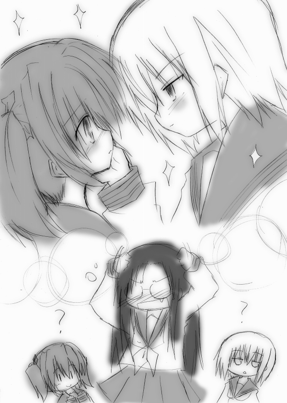 iwasaki minami, kobayakawa yutaka, tamura hiyori, lucky star, 00s, monochrome, school uniform, serafuku, sketch