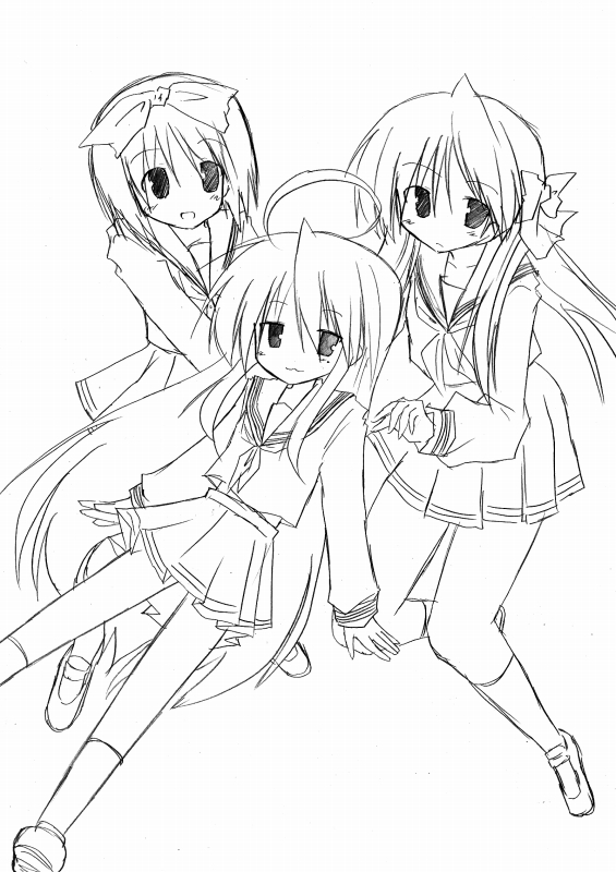 hiiragi kagami, hiiragi tsukasa, izumi konata, lucky star, 00s, 3girls, mole, mole under eye, monochrome, multiple girls, school uniform, serafuku, sisters, sketch, twins