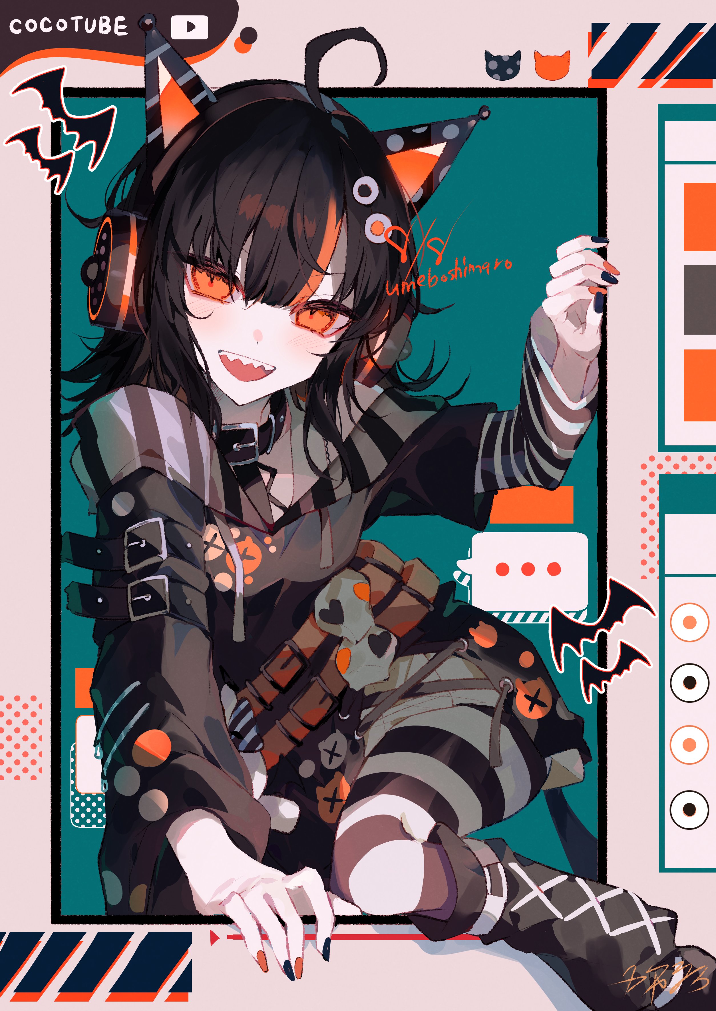 umemaro (siona0908), mahou shoujo no majo saiban, absurdres, commentary, highres, 1girl, :d, ahoge, animal ear headphones, animal ears, artist name, bat (animal), belt, black belt, black collar, black hair, black nails, black shirt, blunt bangs, cat ear headphones, collar, fake animal ears, headphones, layered sleeves, leg warmers, long sleeves, looking at viewer, multicolored hair, multicolored nails, nail polish, open mouth, orange eyes, orange nails, pantyhose, sawatari koko, sharp teeth, shirt, short hair, short over long sleeves, short sleeves, skull, smile, solo, speech bubble, striped clothes, striped pantyhose, teeth, through medium, through screen