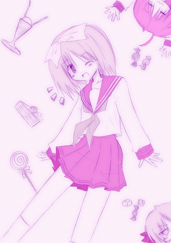 akane souichi, hiiragi tsukasa, lucky star, 00s, 1girl, female focus, monochrome, purple theme, school uniform, serafuku, sketch, solo