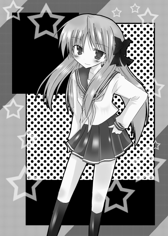 akane souichi, hiiragi kagami, lucky star, 00s, greyscale, monochrome, school uniform, serafuku, sketch, solo