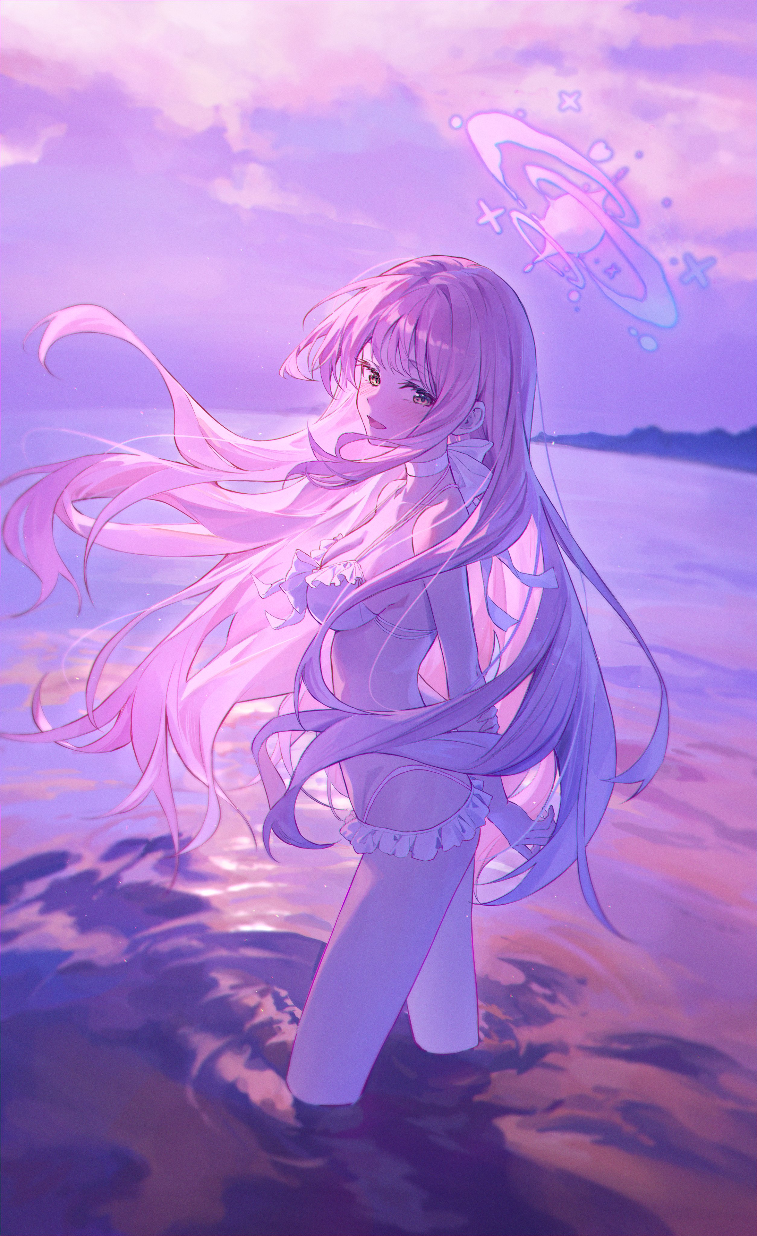retsu (retsu 3), mika (blue archive), mika (swimsuit) (blue archive), blue archive, absurdres, highres, 1girl, beach, bikini, breasts, cleavage, frilled bikini, frills, halo, long hair, looking at viewer, navel, official alternate costume, open mouth, outdoors, pink hair, smile, solo, sunset, swimsuit, twilight, white bikini, yellow eyes