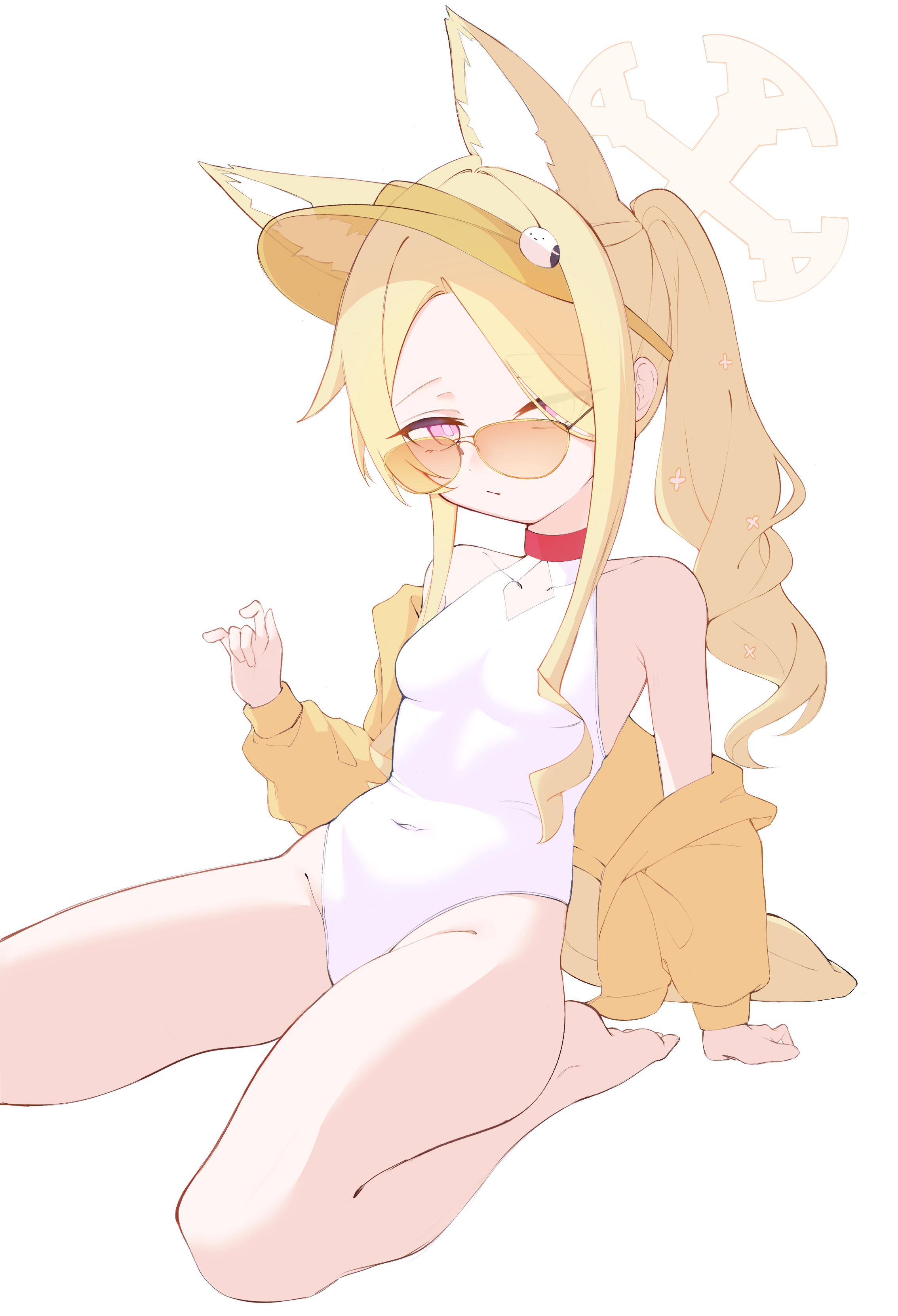 enariarte, seia (blue archive), seia (swimsuit) (blue archive), blue archive, absurdres, highres, 1girl, animal ear fluff, animal ears, blonde hair, breasts, covered navel, cross halo, diamond cutout, fox ears, fox girl, fox tail, full body, halo, highleg, highleg one-piece swimsuit, jacket, long hair, looking at viewer, official alternate costume, official alternate hairstyle, one-piece swimsuit, orange-tinted eyewear, orange eyes, side ponytail, simple background, sitting, small breasts, solo, sunglasses, swimsuit, tail, tinted eyewear, visor cap, white background, white one-piece swimsuit, yellow halo, yellow jacket, yellow visor