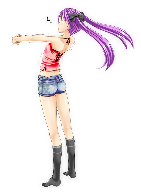 nazo kichi, hiiragi kagami, lucky star, 00s, camisole, denim, denim shorts, flat chest, full body, shorts, socks, solo, stretching