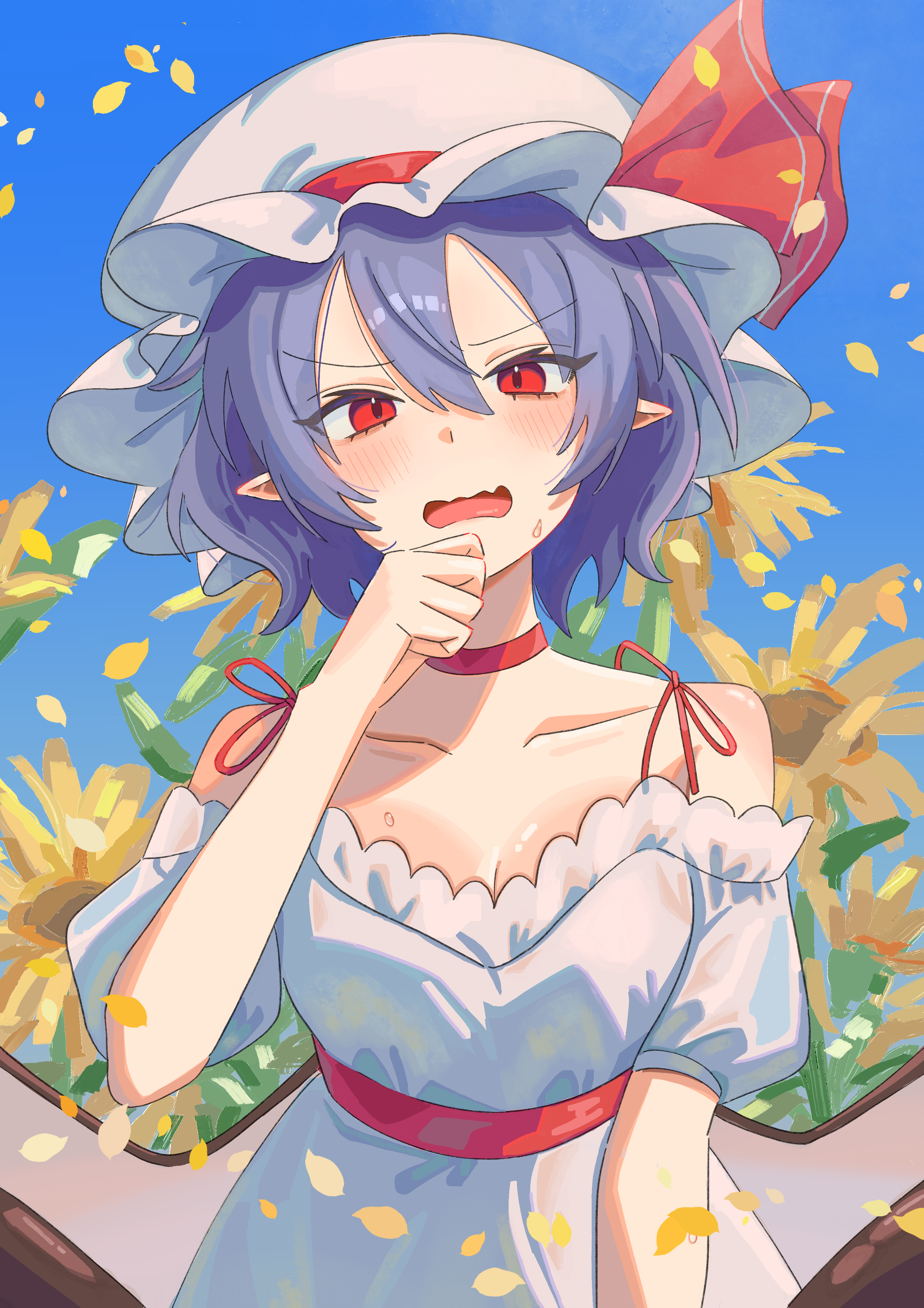remilia scarlet, touhou, absurdres, commentary request, highres, 1girl, :o, bare shoulders, bat wings, blue hair, blue sky, blush, breasts, choker, cleavage, day, dress, fang, flower, hair between eyes, hat, hat ribbon, looking at viewer, medium breasts, mob cap, off-shoulder dress, off shoulder, open mouth, outdoors, petals, pointy ears, puffy short sleeves, puffy sleeves, red choker, red eyes, red ribbon, ribbon, short hair, short sleeves, skin fang, sky, solo, sweatdrop, upper body, white dress, wings, yodachiki