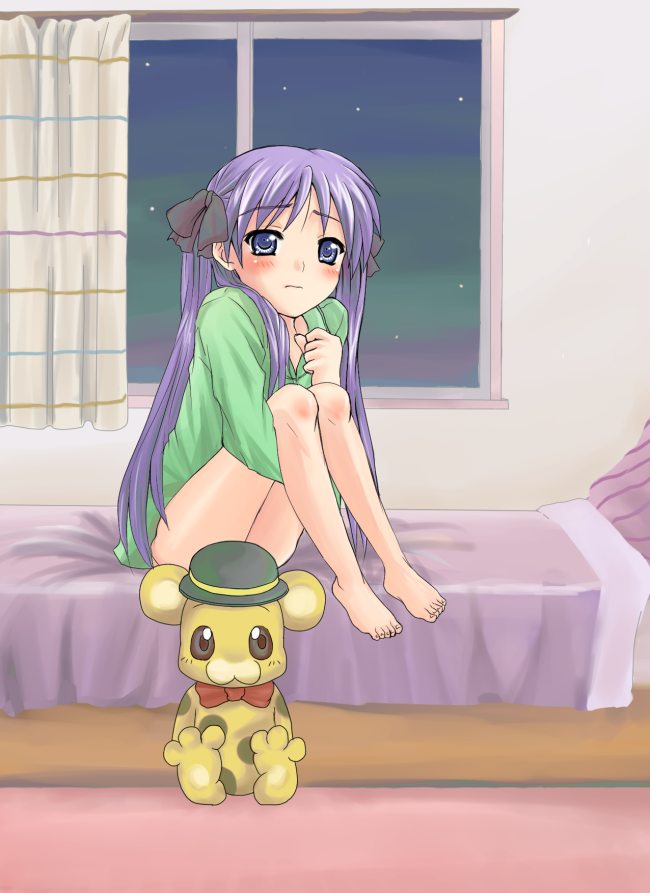 yuki mashiro, bonta-kun, hiiragi kagami, full metal panic!, lucky star, 00s, 1girl, bare legs, barefoot, bed, bed sheet, bottomless, crossover, female focus, full body, indoors, long hair, looking at viewer, on bed, pajamas, purple hair, sitting, solo, very long hair