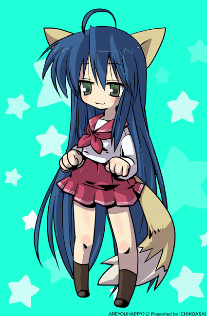 asai ichiko, izumi konata, lucky star, 00s, 1girl, animal ears, cat ears, cat tail, female focus, fox ears, mole, mole under eye, school uniform, serafuku, solo, tail
