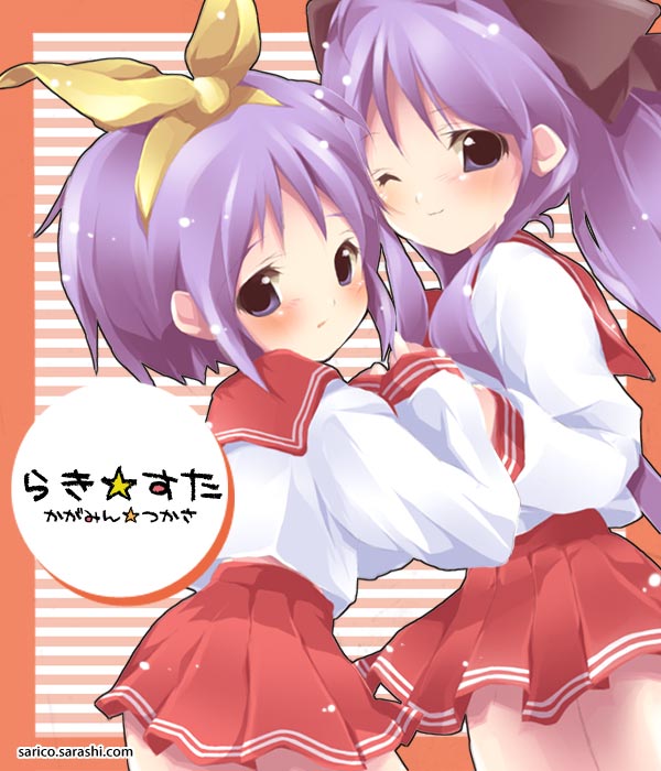 shiratama (shiratamaco), hiiragi kagami, hiiragi tsukasa, lucky star, 00s, 2girls, black ribbon, blue eyes, cowboy shot, hair ribbon, hairband, long hair, long sleeves, looking at viewer, multiple girls, pink hair, pleated skirt, red skirt, ribbon, school uniform, serafuku, shirt, short hair, siblings, sisters, skirt, text focus, twins, twintails, white shirt, yellow ribbon