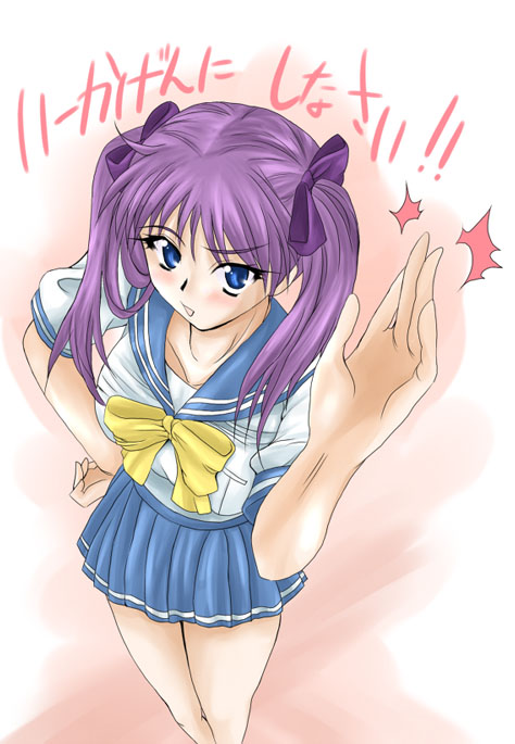 kanchou serio, hiiragi kagami, lucky star, 00s, 1girl, blue skirt, bow, bowtie, female focus, from above, hair ribbon, pleated skirt, ribbon, school uniform, serafuku, skirt, solo, standing, twintails, yellow bow, yellow bowtie