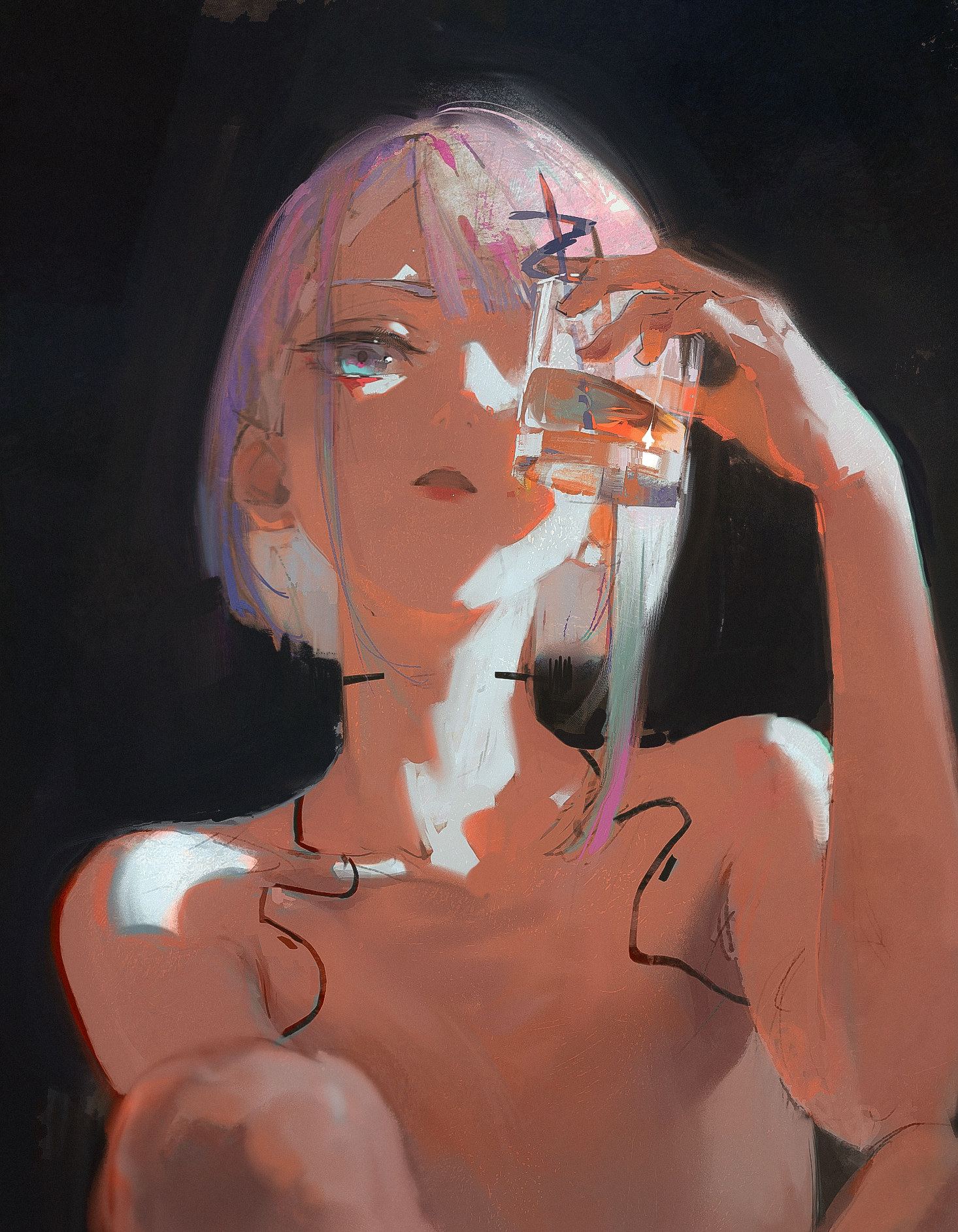 dino (dinoartforame), lucy (cyberpunk), highres, 1girl, bare shoulders, black background, cup, cyborg, eyeliner, holding, holding cup, looking at viewer, makeup, nude, one eye covered, parted lips, red eyeliner, red lips, short hair, simple background, solo