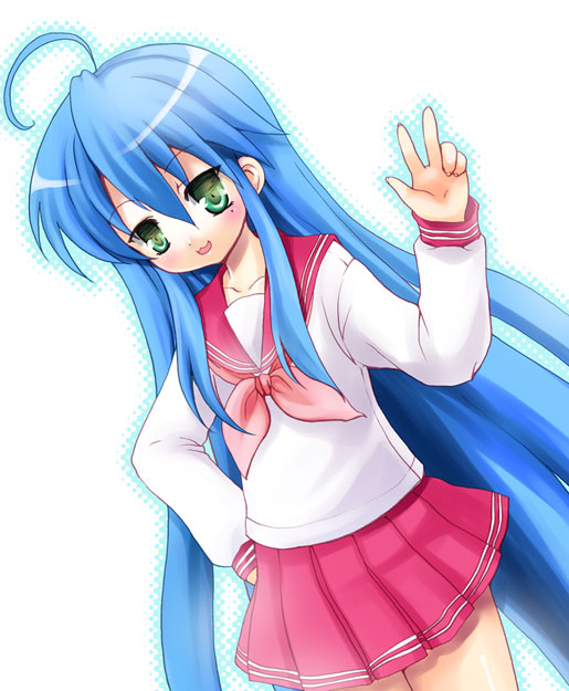 kumao mofumofu, izumi konata, lucky star, 00s, 1girl, ahoge, blue hair, dutch angle, female focus, green eyes, long hair, looking at viewer, mole, mole under eye, pleated skirt, red skirt, school uniform, serafuku, sidelocks, skirt, solo, very long hair, w, white background