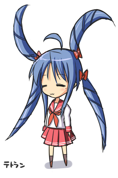 nagase haruhito, izumi konata, lucky star, 00s, 1girl, :3, = =, ahoge, chibi, drill hair, female focus, mole, mole under eye, quad tails, school uniform, serafuku, solo
