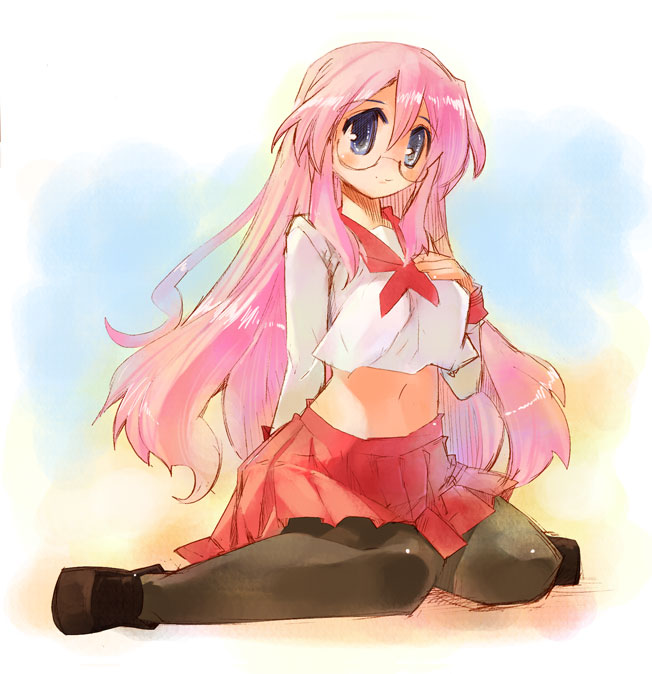 momiji mao, takara miyuki, lucky star, 00s, blue eyes, glasses, long hair, midriff, pantyhose, pink hair, school uniform, serafuku, solo