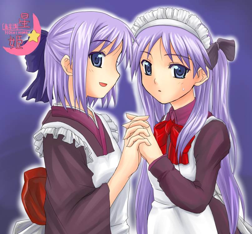 yuki mashiro, hiiragi kagami, hiiragi tsukasa, hisui (tsukihime), kohaku (tsukihime), lucky star, tsukihime, 2girls, alternate costume, blue eyes, cosplay, crossover, enmaided, hisui (cosplay), kohaku (cosplay), long hair, maid, multiple girls, parody, purple hair, siblings, sisters, twins
