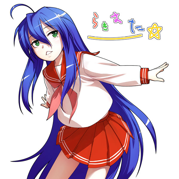 benimura karu, karukaru, izumi konata, lucky star, 00s, 1girl, age difference, blue hair, female focus, green eyes, hair between eyes, long sleeves, looking at viewer, mole, mole under eye, neckerchief, pink neckerchief, pleated skirt, red skirt, school uniform, seductive smile, serafuku, simple background, skirt, smile, solo, white background