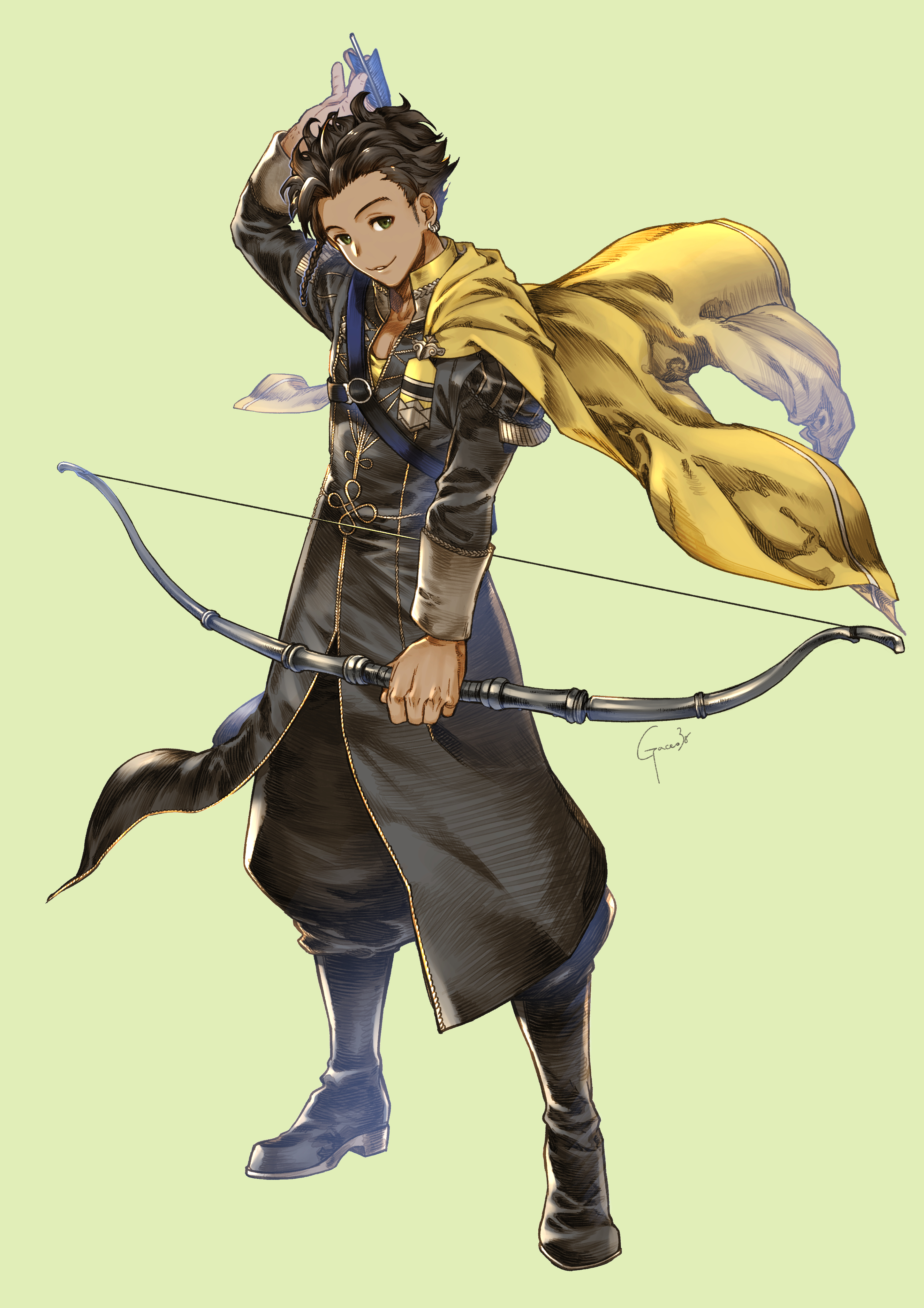 gakko (gacco38), claude von riegan, fire emblem, fire emblem: three houses, nintendo, absurdres, highres, 1boy, bow (weapon), brown hair, closed mouth, garreg mach monastery uniform, gold cape, green eyes, holding, holding bow (weapon), holding weapon, long sleeves, male focus, solo, weapon