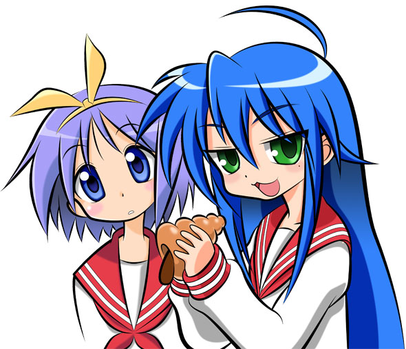 gofu, hiiragi tsukasa, izumi konata, lucky star, 00s, 2girls, blue eyes, blue hair, blue sailor collar, chocolate cornet, food, green eyes, mole, mole under eye, multiple girls, sailor collar, school uniform, serafuku