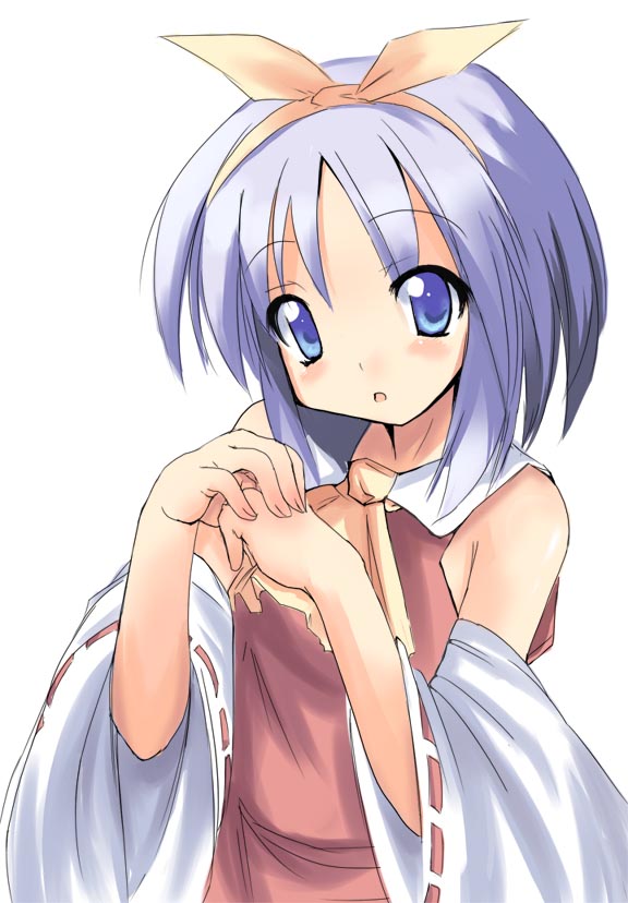 ryokushiki (midori-ya), hakurei reimu, hiiragi tsukasa, lucky star, touhou, ascot, cosplay, crossover, hakurei reimu (cosplay), japanese clothes, miko, parody, simple background, solo, white background, yellow ascot