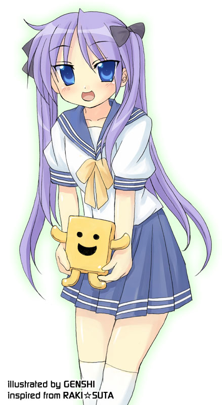 genshi, hiiragi kagami, lucky star, eyebrows, 00s, 1girl, :d, blue eyes, female focus, holding, leaning forward, looking at viewer, open mouth, pink hair, pleated skirt, puffy short sleeves, puffy sleeves, sailor collar, school uniform, serafuku, short sleeves, skirt, smile, solo, thighhighs, twintails, white thighhighs, zettai ryouiki