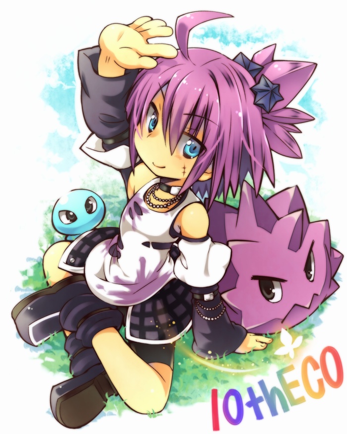 rakisuke, urchin alma, emil chronicle online, ahoge, anniversary, arm up, bike shorts, black boots, black collar, black skirt, blue eyes, boots, breasts, clothing cutout, collar, indian style, meadow, ponytail, purple hair, scar, scar on face, shirt, shoulder cutout, showgirl skirt, sitting, skirt, slime (creature), small breasts, spiked hair, white shirt