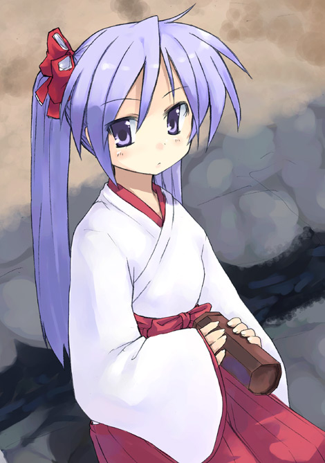 karamiti, hiiragi kagami, lucky star, 00s, 1girl, bow, female focus, food, hair bow, hakama, hakama skirt, holding, japanese clothes, kimono, long sleeves, miko, red bow, red hakama, red skirt, rock, sitting, skirt, solo, twintails, wide sleeves