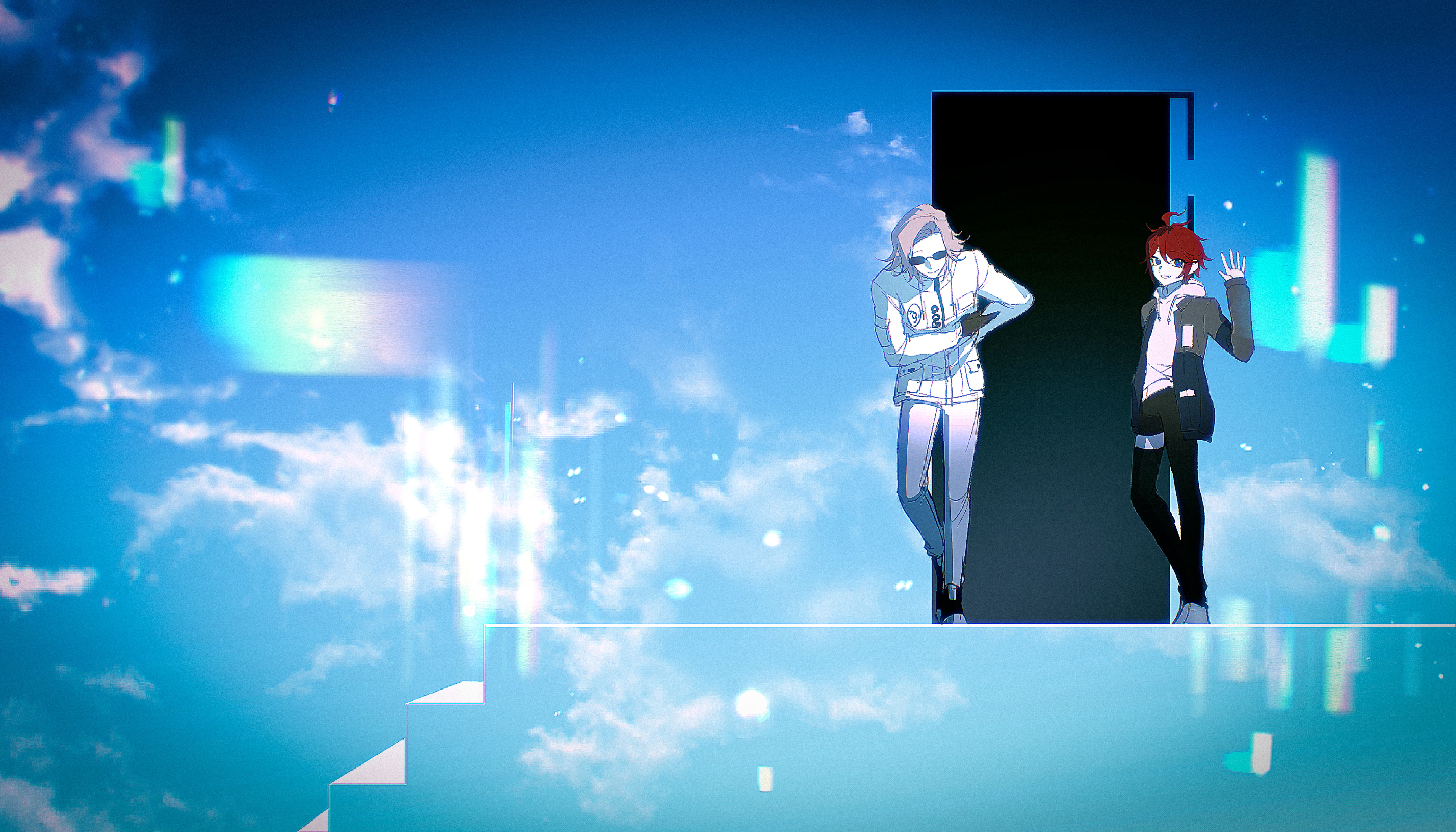 aizendai, aotsuki eito, sumino takumi, the hundred line -last defense academy-, the truman show, absurdres, chinese commentary, commentary request, highres, partial commentary, 2boys, ahoge, black gloves, black pants, black shoes, black streaks, blue eyes, blue jacket, bowing, cloud, cloudy sky, doorway, gloves, grey hair, grey jacket, hood, hoodie, jacket, jacket over hoodie, light particles, looking at viewer, male focus, multicolored hair, multicolored jacket, multiple boys, pants, parody, red hair, scene reference, shoes, short hair, sky, smile, stairs, streaked hair, sunglasses, two-tone jacket, waving, white hoodie, white jacket, white pants, white shoes