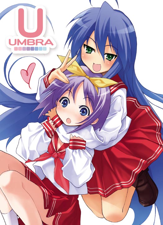 wakatsuki sana, hiiragi tsukasa, izumi konata, lucky star, 00s, 2girls, ahoge, blue eyes, evil smile, grabbing from behind, green eyes, hair between eyes, heart, long sleeves, looking at viewer, multiple girls, neckerchief, pleated skirt, red skirt, school uniform, serafuku, simple background, skirt, smile, spoken heart, white background, yuri