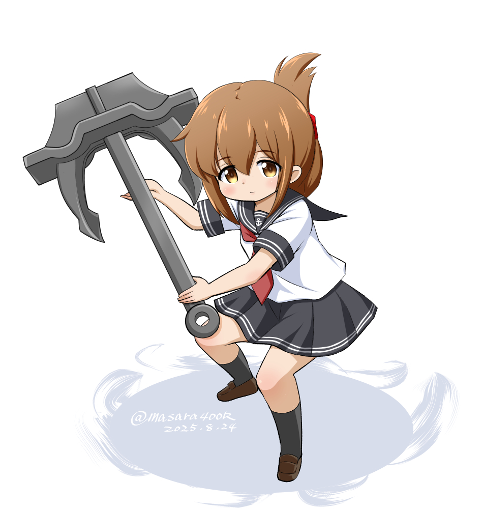 masara (chuujou), inazuma (kancolle), kantai collection, commentary request, 1girl, alternate sleeve length, anchor, black sailor collar, black skirt, brown eyes, brown hair, folded ponytail, full body, long hair, neckerchief, one-hour drawing challenge, pleated skirt, red neckerchief, sailor collar, sailor shirt, school uniform, serafuku, shirt, short sleeves, simple background, skirt, solo, standing, white background, white shirt