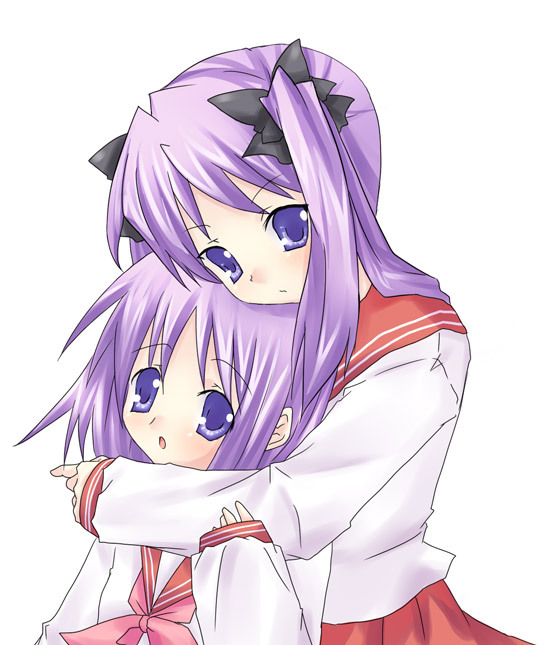 hiiragi kagami, hiiragi tsukasa, lucky star, tagme, 00s, 2girls, blue eyes, blush, hair ribbon, hairband, hug, long hair, multiple girls, open mouth, purple hair, school uniform, serafuku, short hair, sisters, tongue, twins, twintails, upper body, white background