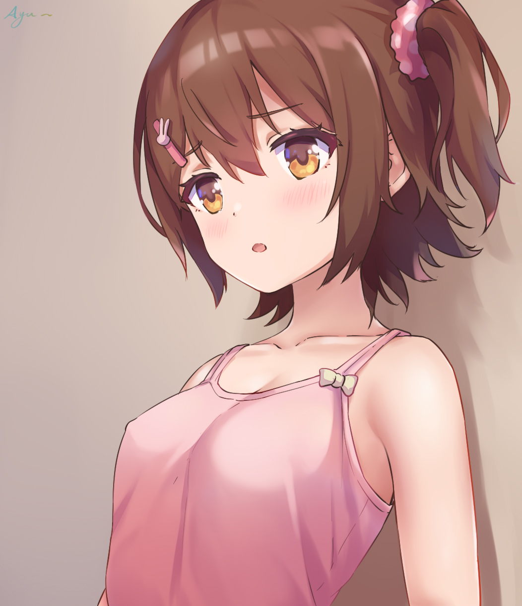 koaya, kasuga mirai, idolmaster, idolmaster million live!, highres, 1girl, blush, breasts, brown background, brown eyes, brown hair, collarbone, hair ornament, hair scrunchie, hairclip, one side up, parted lips, pink scrunchie, pink tank top, rabbit hair ornament, scrunchie, shadow, short hair, signature, solo, tank top, upper body