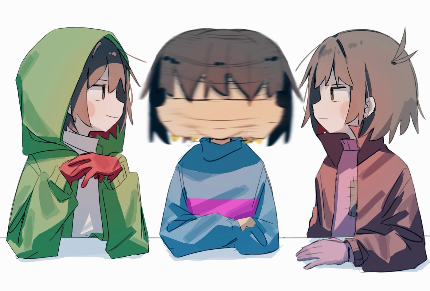 chara (undertale), frisk (undertale), storyshift, undertale, utdr (toby fox), 3others, alternate universe, antenna hair, blue sweater, blurry, bob cut, brown eyes, brown hair, brown jacket, closed mouth, crossed arms, dual persona, gloves, green jacket, grey gloves, hood, hood up, hooded jacket, jacket, long sleeves, looking at another, motion lines, multiple others, open clothes, open jacket, other focus, own hands together, pink sweater, profile, puffy long sleeves, puffy sleeves, red gloves, short hair, simple background, smile, sweater, table, turtleneck, turtleneck sweater, two-tone sweater, upper body, urooooooo 88, white background, white sweater