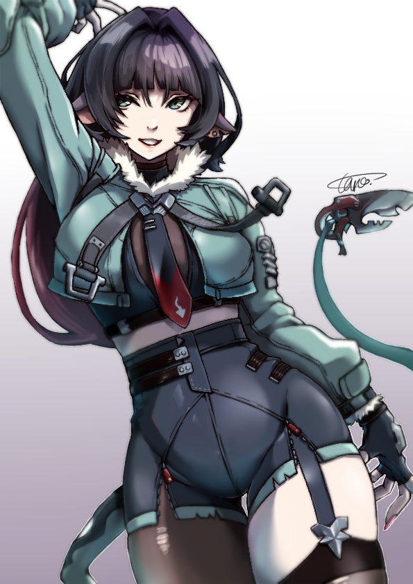 tarou (bibunsiman), jane doe (zenless zone zero), zenless zone zero, commentary request, partial commentary, 1girl, arm up, black gloves, black hair, black pantyhose, black shirt, black shorts, black thighhighs, blue jacket, cowboy shot, fingerless gloves, garter straps, gloves, gradient background, grey background, grey eyes, grin, high-waist shorts, jacket, long hair, long sleeves, midriff, pantyhose, pantyhose under shorts, shirt, short shorts, shorts, single leg pantyhose, single thighhigh, smile, solo, standing, thighhighs, thighs, white background