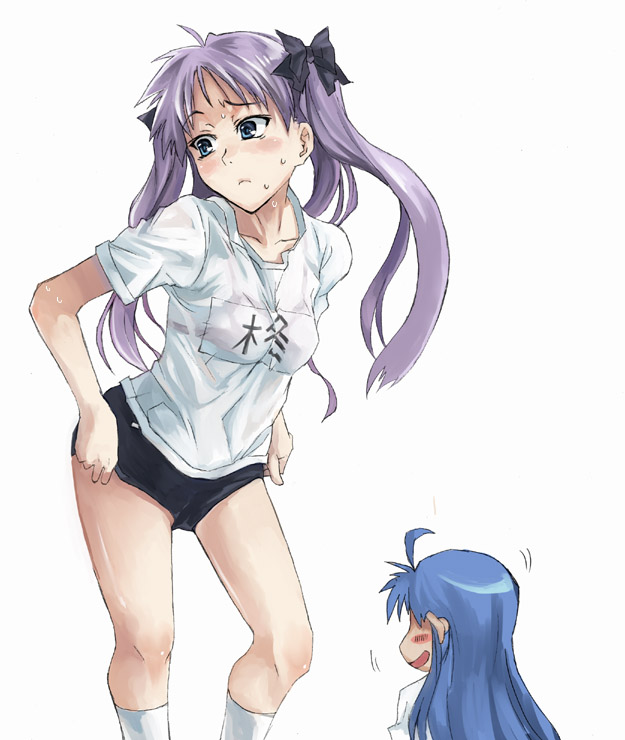 hiiragi kagami, izumi konata, lucky star, white legwear, 00s, 2girls, ahoge, blue hair, blush, bra, buruma, chibi, chibi inset, clothes writing, collarbone, grin, gym uniform, hair ribbon, kneehighs, lingerie, long hair, multiple girls, purple eyes, purple hair, ribbon, see-through clothes, shirt, sideways mouth, simple background, smile, socks, sweat, t-shirt, tsurime, twintails, underwear, undressing, very long hair, white background