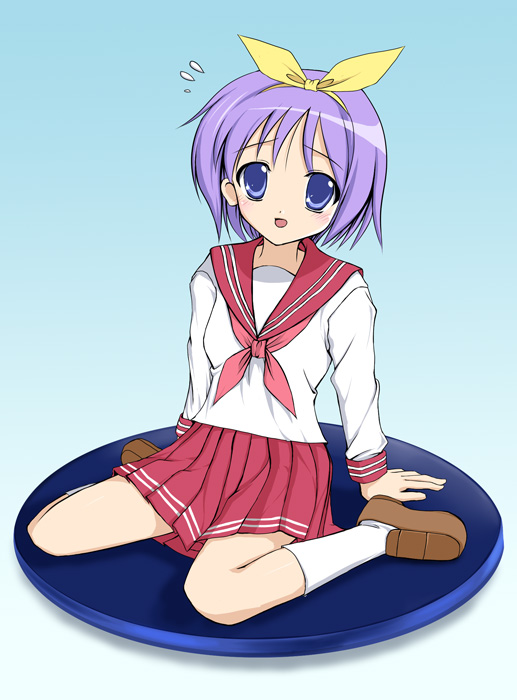 ryuushou, hiiragi tsukasa, lucky star, 00s, 1girl, :d, blue eyes, brown shoes, faux figurine, female focus, full body, hairband, kneehighs, loafers, long sleeves, looking at viewer, neckerchief, open mouth, pink hair, pink neckerchief, pleated skirt, red skirt, school uniform, serafuku, shirt, shoes, short hair, sitting, skirt, smile, socks, solo, wariza, white shirt, white socks