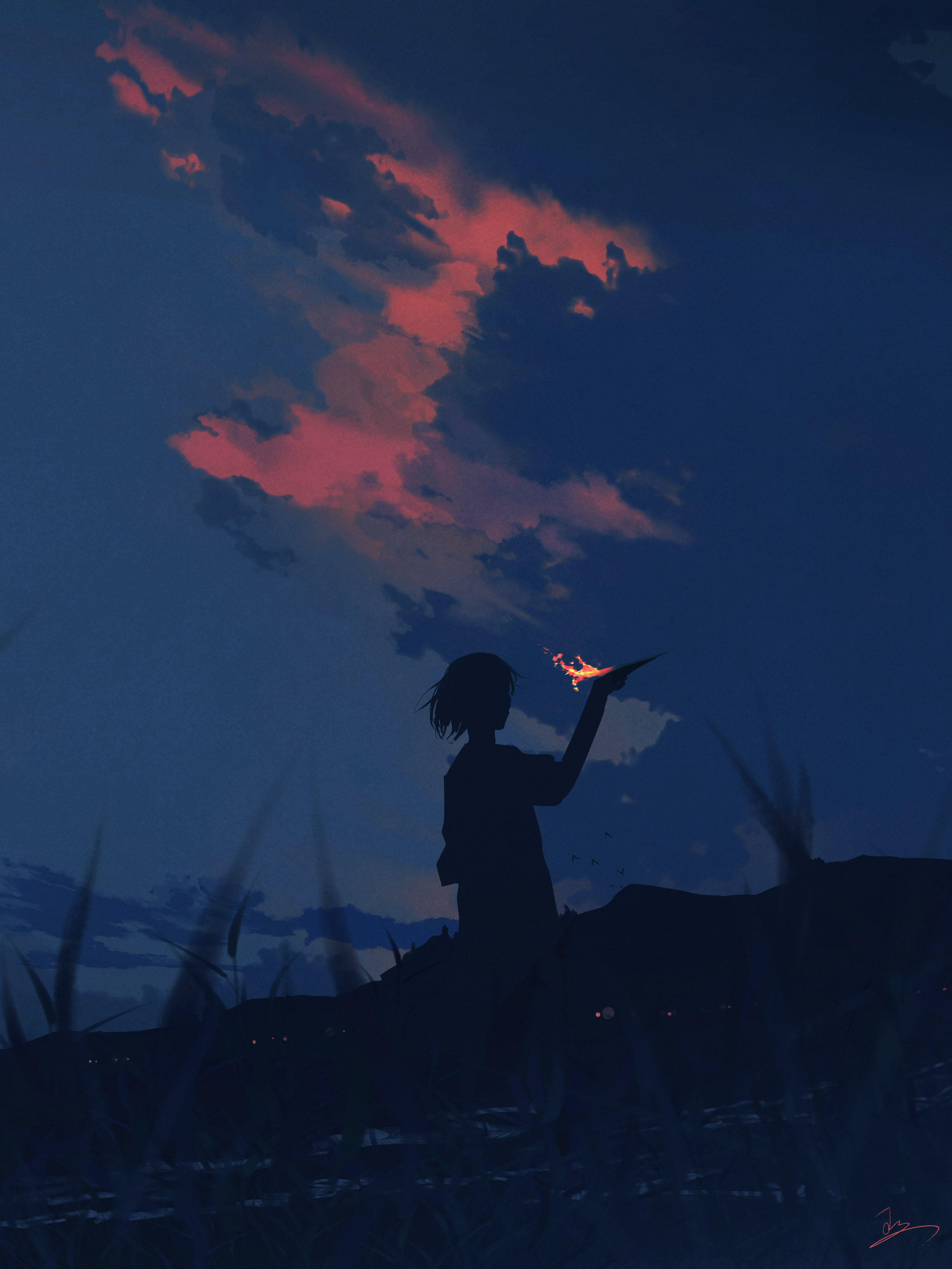 huashijw, original, absurdres, commentary request, highres, 1girl, cloud, cloudy sky, dusk, grass, medium hair, mountain, outdoors, scenery, signature, silhouette, simple bird, sky, solo, standing