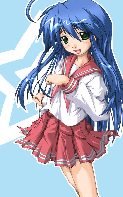 karin tou, izumi konata, lucky star, 00s, 1girl, blue background, blue hair, cowboy shot, female focus, green eyes, long sleeves, looking at viewer, mole, mole under eye, neckerchief, red skirt, sailor collar, school uniform, serafuku, shirt, simple background, skirt, solo, thighs, white shirt