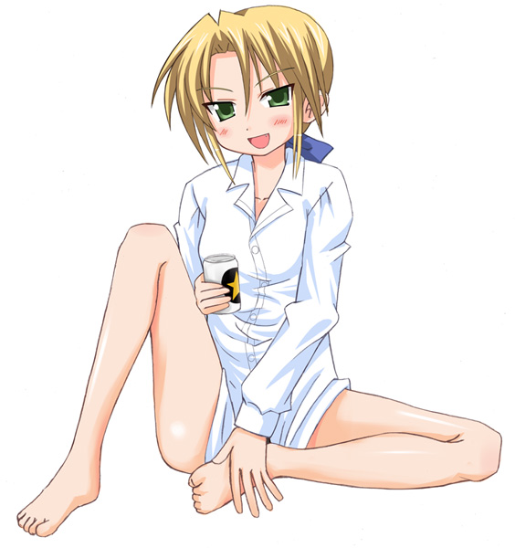 kuroi nanako, lucky star, tagme, 00s, alcohol, beer, blonde hair, blush, drunk, green eyes, hair ribbon, ribbon, thighs