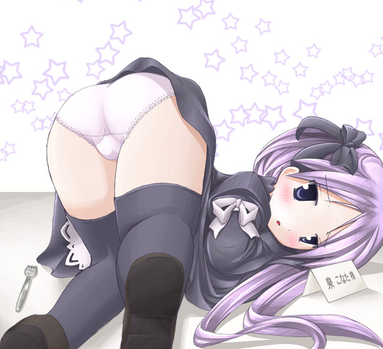 maid koubou, hiiragi kagami, lucky star, 00s, aged down, ass, blue eyes, bow, panties, purple hair, solo, thighhighs, underwear, white panties