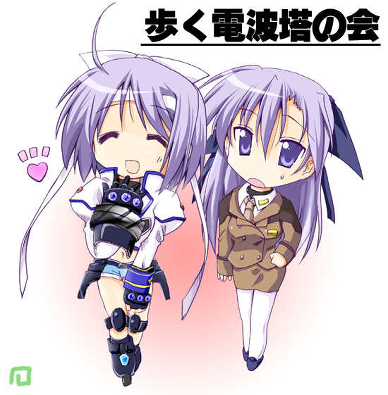kimura shuuichi, ginga nakajima, hiiragi kagami, hiiragi tsukasa, mach caliber, revolver knuckle, subaru nakajima, lucky star, lyrical nanoha, mahou shoujo lyrical nanoha, mahou shoujo lyrical nanoha strikers, translation request, 2girls, ahoge, cosplay, crossover, ginga nakajima (cosplay), multiple girls, pantyhose, parody, siblings, sisters, subaru nakajima (cosplay), twins