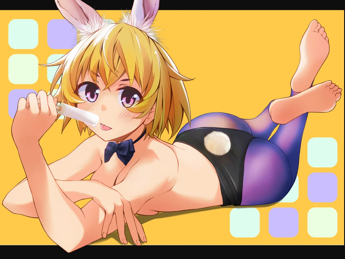 chuutaro metal, houjou satoko, higurashi no naku koro ni, commentary request, variant set, 1girl, :p, alternate breast size (larger), animal ears, ass, barefoot, bed, black bow, black bowtie, black leotard, blonde hair, blush, bow, bowtie, breasts, cleavage, closed mouth, feet, food, hand on own arm, holding, holding food, holding popsicle, large breasts, leggings, leotard, leotard pull, letterboxed, looking at viewer, lying, on bed, on stomach, playboy bunny, popsicle, purple eyes, rabbit ears, rabbit tail, short hair, simple background, soles, solo, sweat, tail, teeth, the pose, toes, tongue, tongue out, topless female