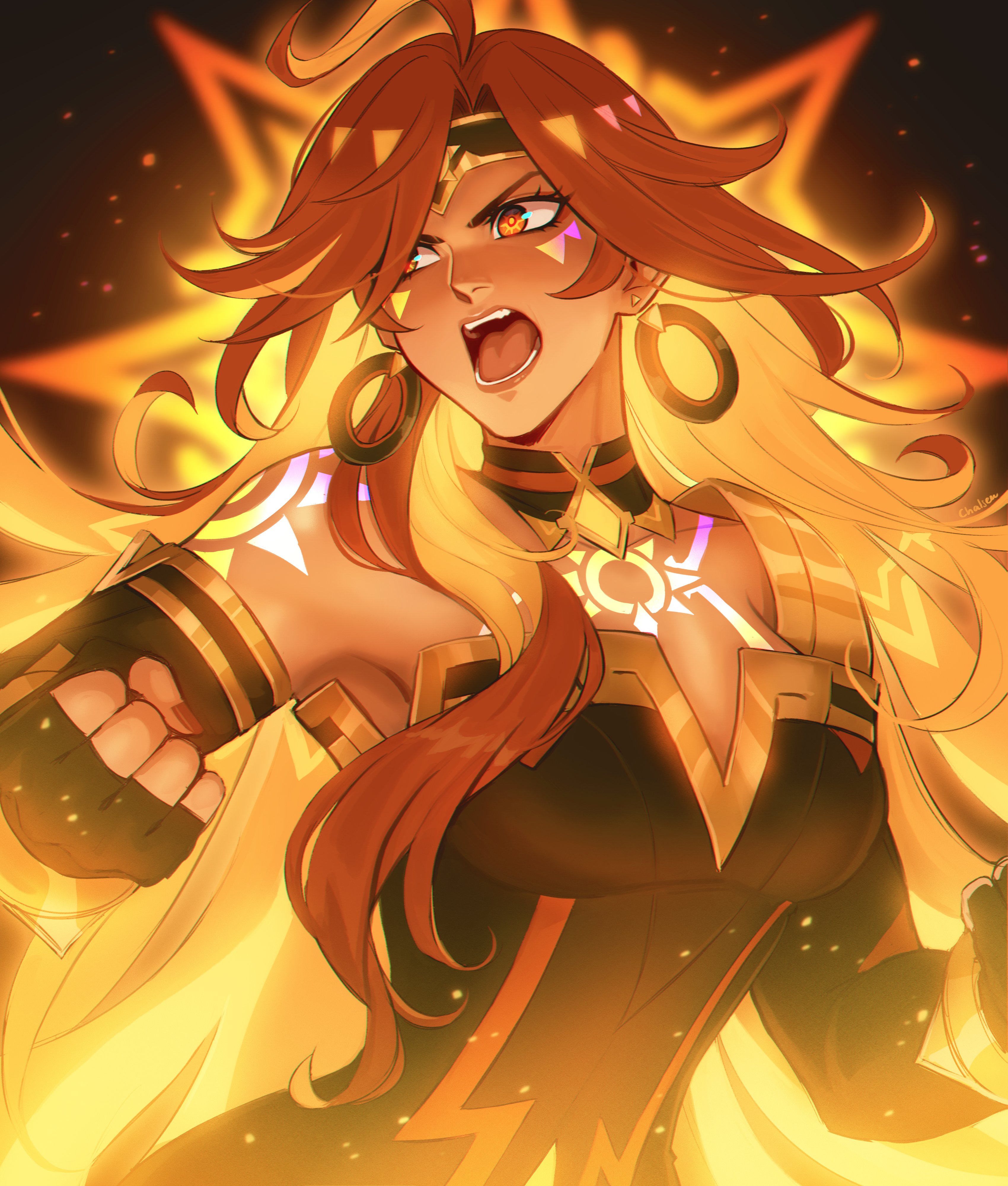 chalseu, mavuika ("sunset") (genshin impact), mavuika (genshin impact), genshin impact, absurdres, commentary, english commentary, highres, 1girl, ahoge, black dress, black gloves, black headband, blonde hair, body markings, bracelet, breasts, clenched hands, collarbone, colored inner hair, detached collar, dress, earrings, elbow gloves, embers, eyelashes, facial mark, fingerless gloves, fingernails, gloves, glowing, glowing hair, glowing markings, gold bracelet, gold trim, gradient hair, hands up, headband, hoop earrings, jewelry, large breasts, long hair, multicolored hair, nail polish, official alternate costume, open mouth, orange hair, parted bangs, red eyes, red hair, red nails, serious, solo, strapless, strapless dress, symbol in eye, teeth, tongue, upper body, v-shaped eyebrows, very long hair, yellow pupils