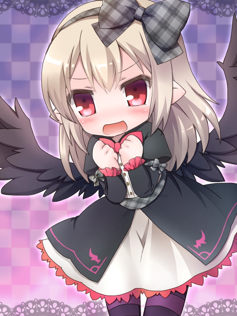 dark feather alma, emil chronicle online, 1girl, black dress, black hairband, black ribbon, black wings, blonde hair, blush, checkered background, dress, guillosno6, hair ribbon, hairband, neck ribbon, open mouth, pointy ears, purple background, purple thighhighs, red eyes, red ribbon, ribbon, solo, striped clothes, striped thighhighs, thighhighs, two-tone dress, white dress, wings