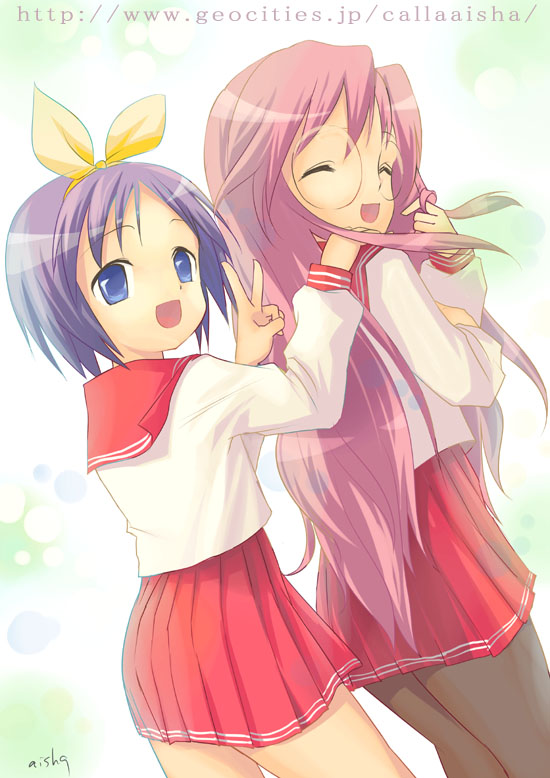 aisha callaaisha, hiiragi tsukasa, takara miyuki, lucky star, 00s, 2girls, ^ ^, blue eyes, closed eyes, glasses, hair ribbon, happy, long hair, multiple girls, open mouth, pantyhose, pink hair, purple hair, ribbon, school uniform, serafuku, short hair