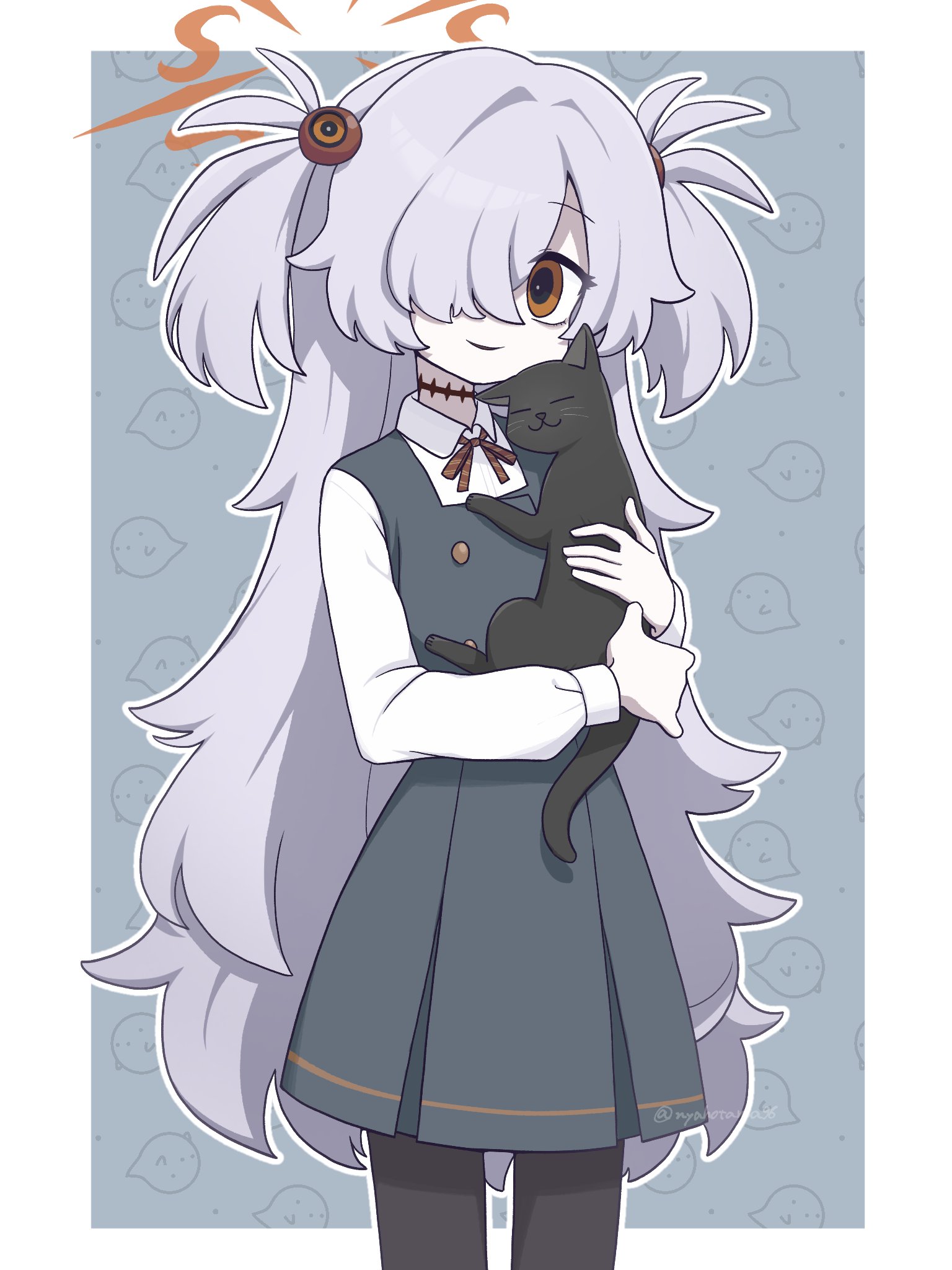 toriton, kanoe (blue archive), blue archive, commentary, highres, 1girl, animal, artist name, black cat, black dress, black pantyhose, border, bright pupils, buttons, cat, collared shirt, cowboy shot, diagonal-striped ribbon, double-breasted, dress, flat chest, ghost, grey background, grey hair, hair over one eye, halo, holding, holding animal, holding cat, long bangs, long hair, long sleeves, looking at viewer, messy hair, orange eyes, orange halo, outside border, pale skin, pantyhose, parted bangs, patterned background, pinafore dress, puffy long sleeves, puffy sleeves, red ribbon, ribbon, scar, scar on neck, shirt, short twintails, sidelocks, sleeve cuffs, sleeveless, sleeveless dress, solo, sphere hair ornament, standing, twintails, twitter username, very long hair, watermark, white border, white shirt