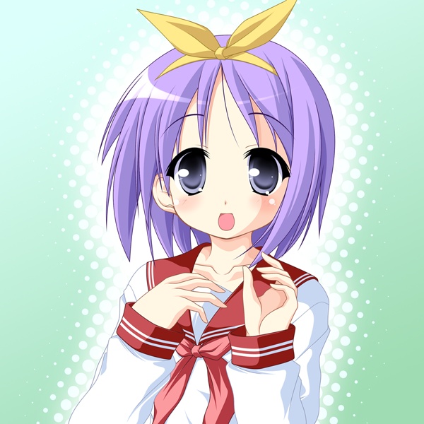 kakesu, hiiragi tsukasa, lucky star, eyebrows, 00s, 1girl, blue eyes, bow, collarbone, dot nose, female focus, halftone, halftone background, long sleeves, looking at viewer, neckerchief, open mouth, pink hair, purple eyes, purple hair, red bow, red sailor collar, ryouou school uniform, sailor collar, school uniform, serafuku, short hair, solo, standing, upper body