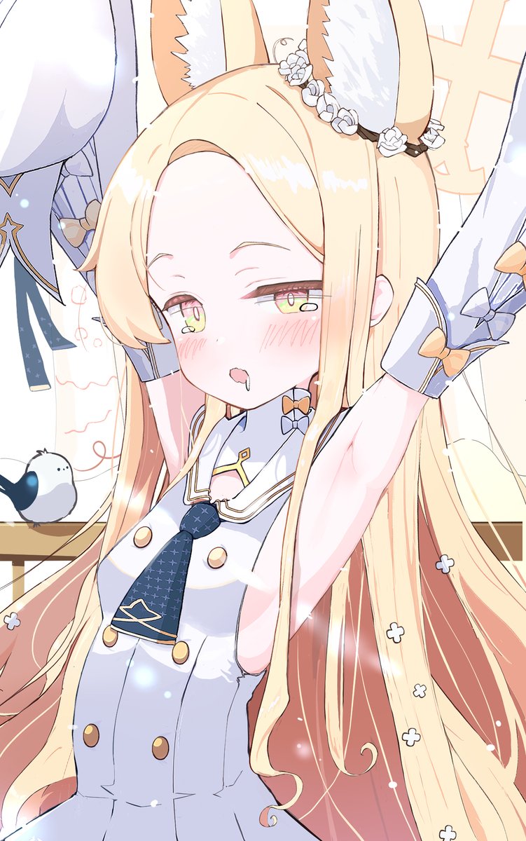 tsetainsu, seia (blue archive), blue archive, commentary request, highres, 1girl, animal ear fluff, animal ears, armpits, arms up, backless outfit, bird, black necktie, blonde hair, blush, breasts, buttons, detached sleeves, dress, drooling, extra ears, fence, flower, forehead, fox ears, fox girl, hair flower, hair ornament, halo, long hair, long sleeves, looking at viewer, necktie, parted bangs, parted lips, sailor collar, sailor dress, school uniform, sidelocks, simple background, sleepy, small breasts, solo, stretching, tearing up, tit (bird), upper body, waking up, white background, white dress, white sailor collar, wide sleeves, yellow eyes, yellow halo